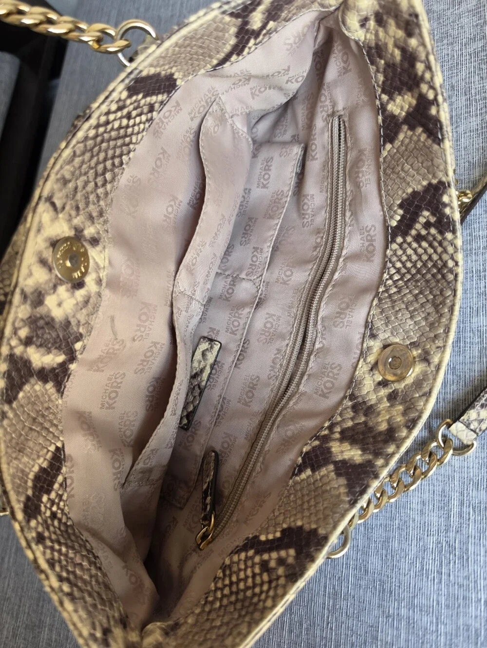 Michael Kors Cream Phython Snake Skin Gold Chain Tote Handbag Purse